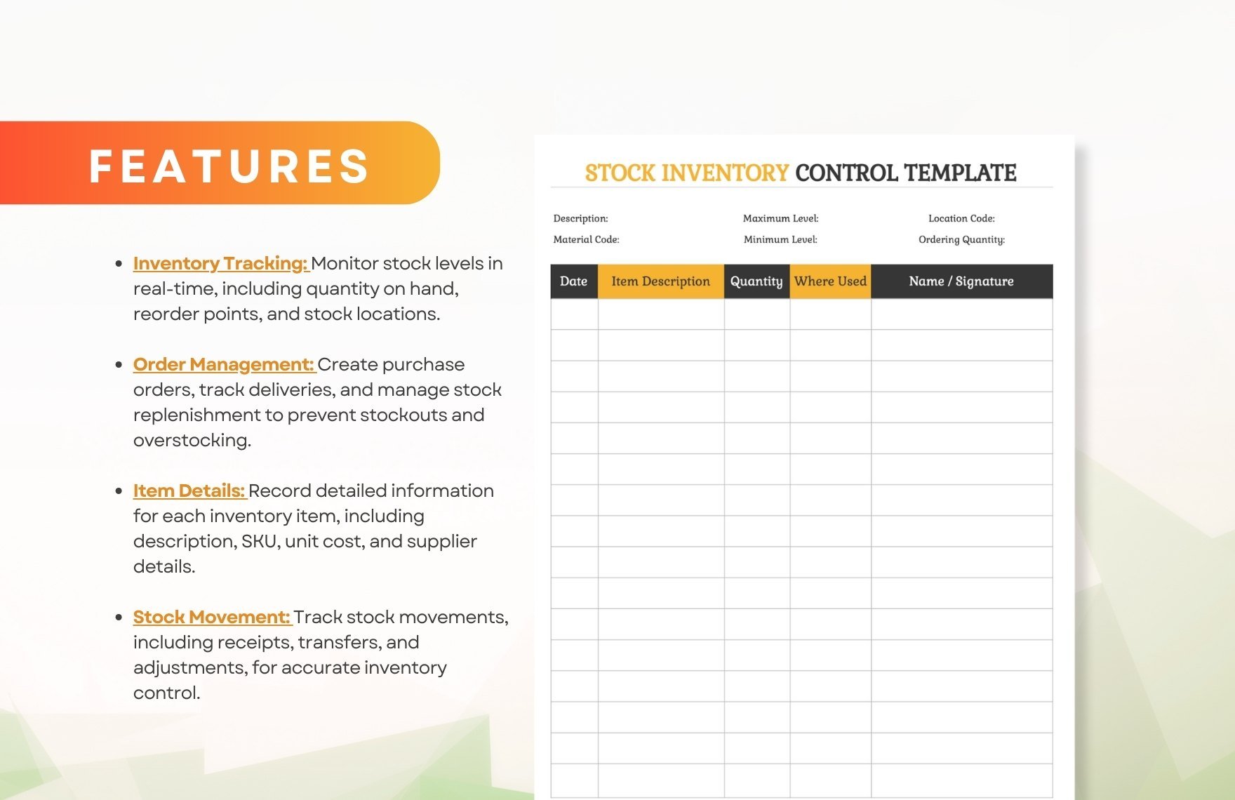 Stock Inventory Control Spreadsheet Template