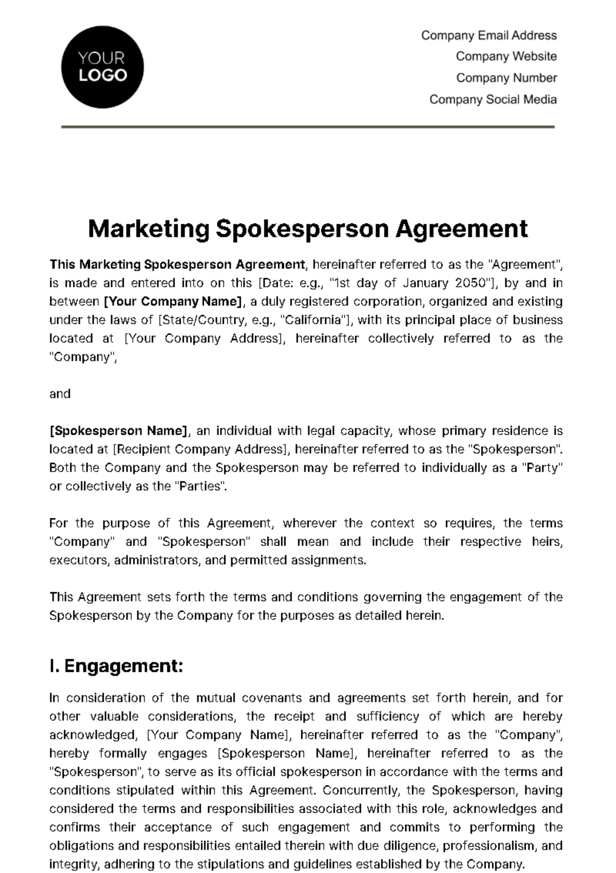 Marketing Spokesperson Agreement Template