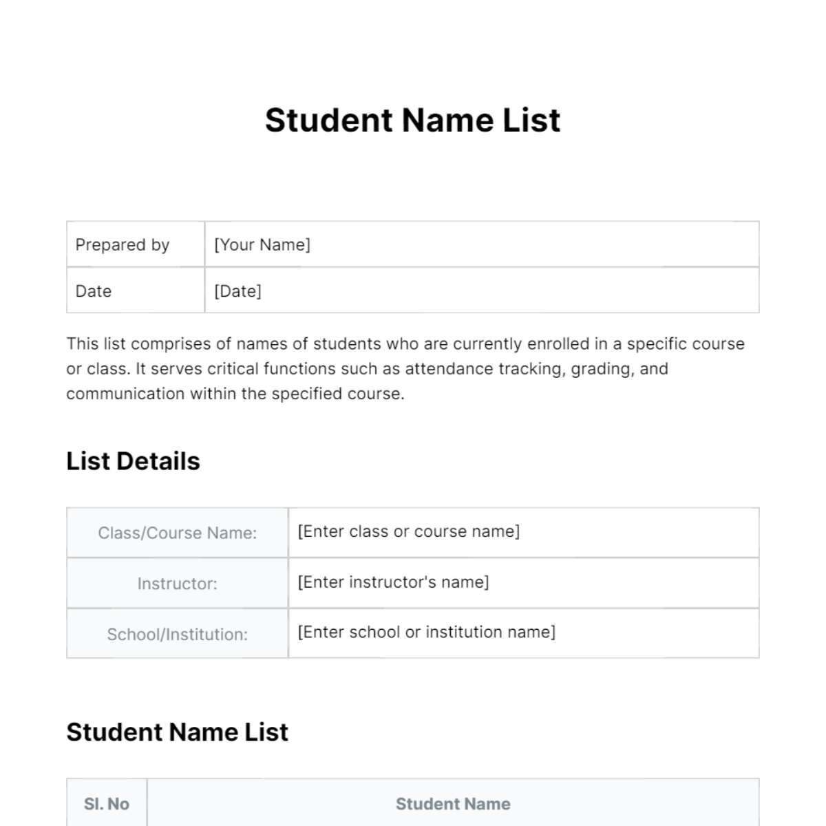 Student Name List Template