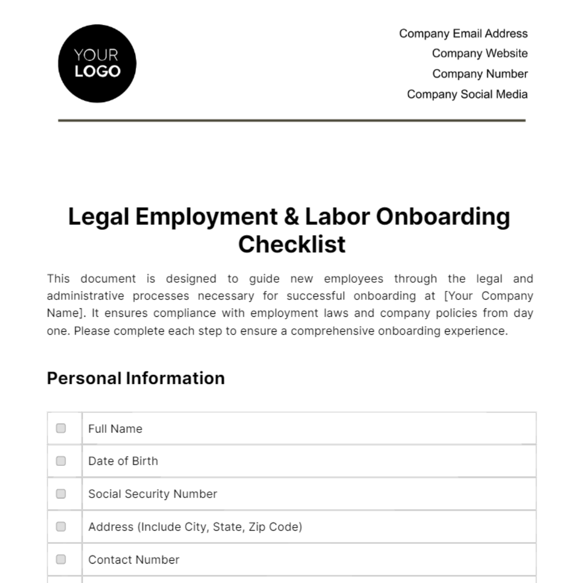 Legal Employment & Labor Onboarding Checklist Template