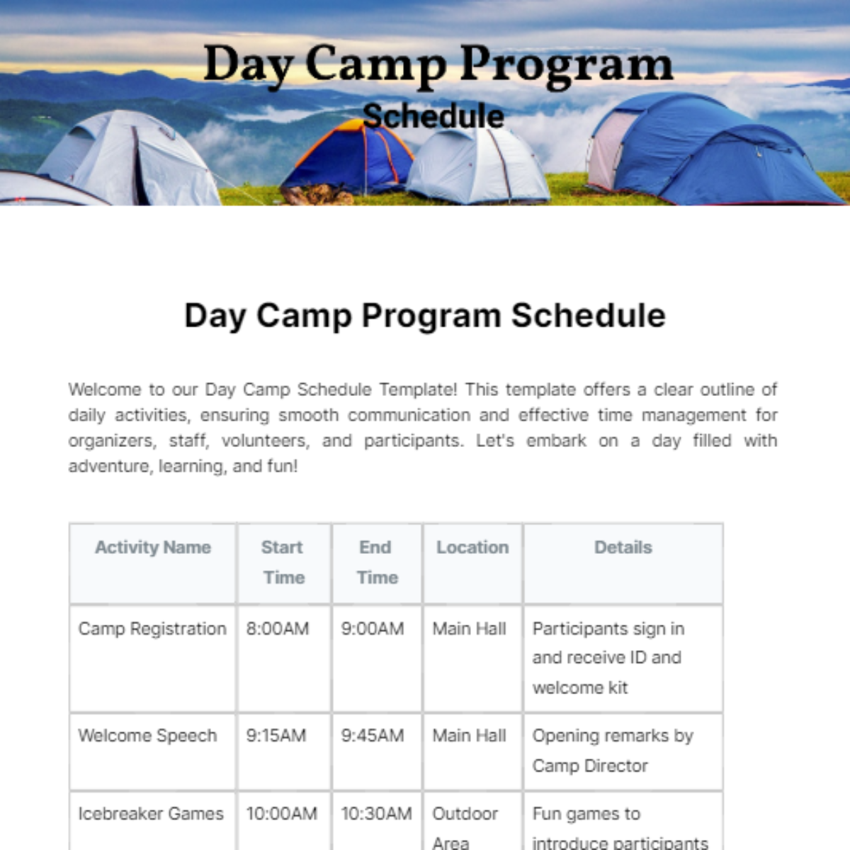 Day Camp Schedule Template