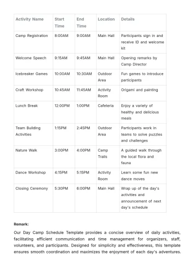 Free Day Camp Schedule Template to Edit Online