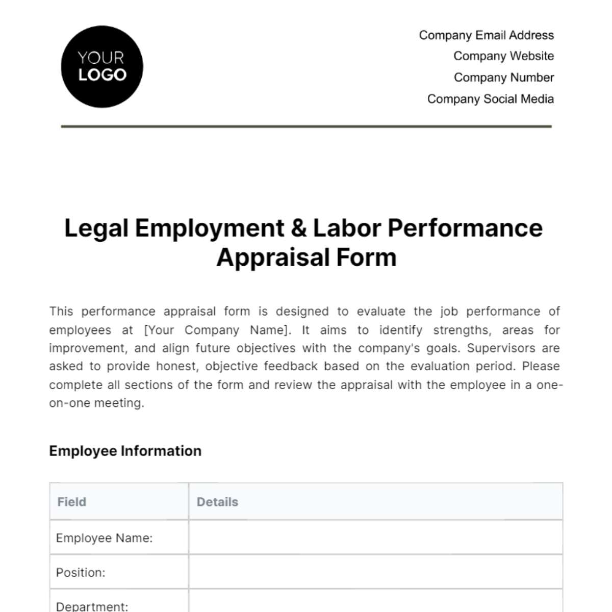 Legal Employment & Labor Performance Appraisal Form Template