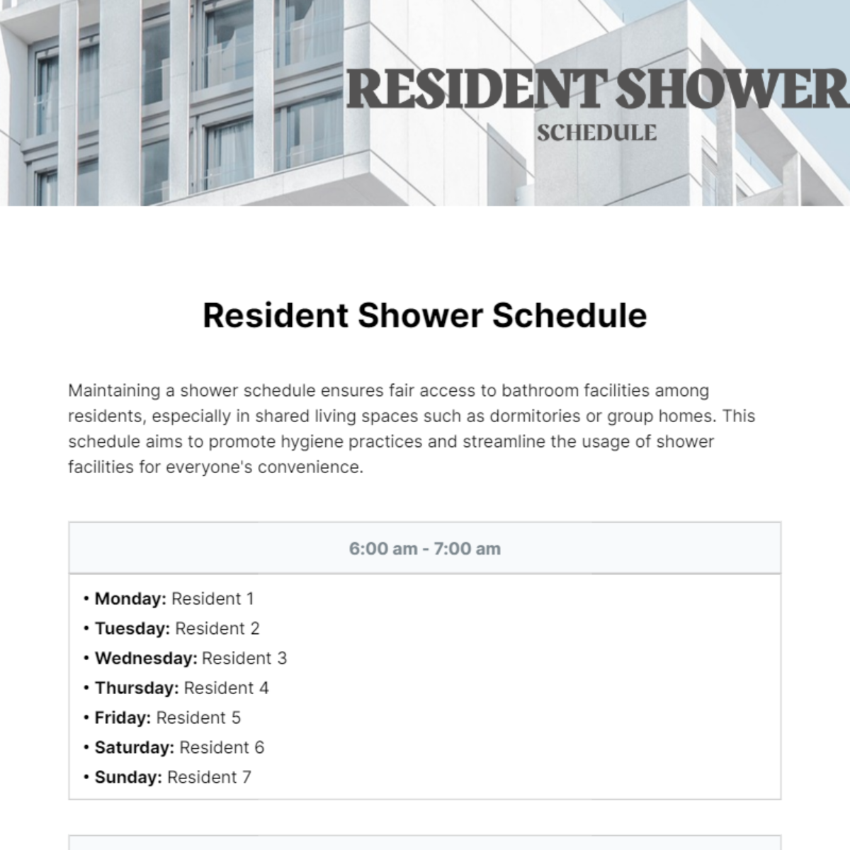 Resident Shower Schedule Template