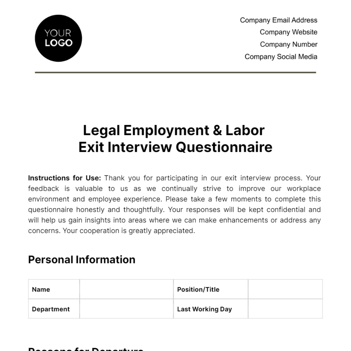 Legal Employment & Labor Exit Interview Questionnaire Template