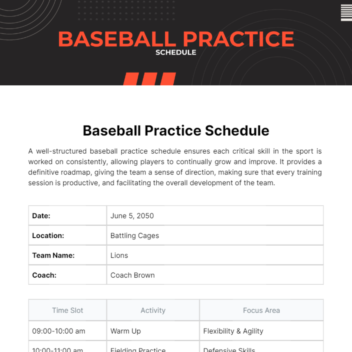 Baseball Practice Schedule Template