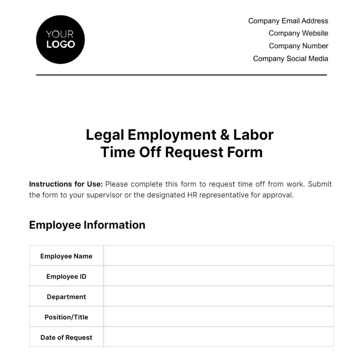 Free Legal Employment & Labor Time Off Request Form Template