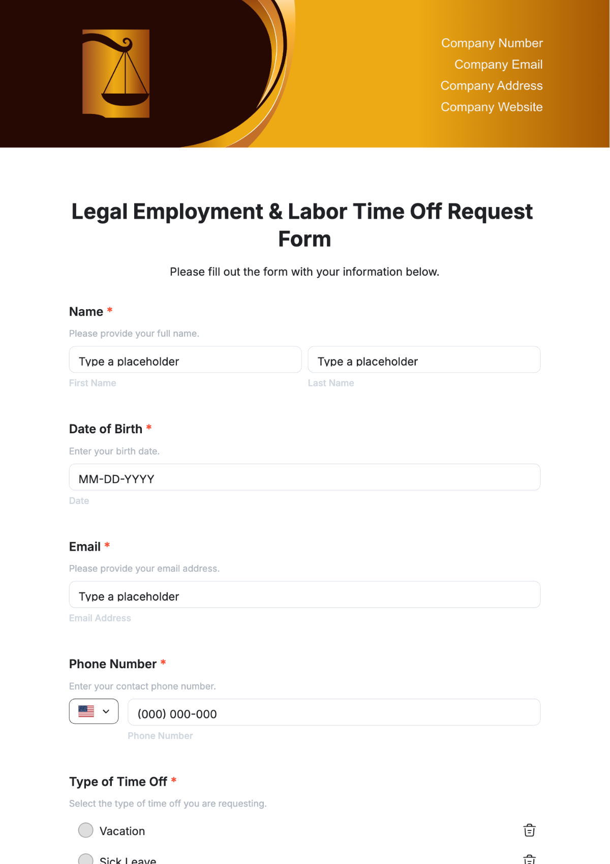 Free Legal Employment & Labor Time Off Request Form Template