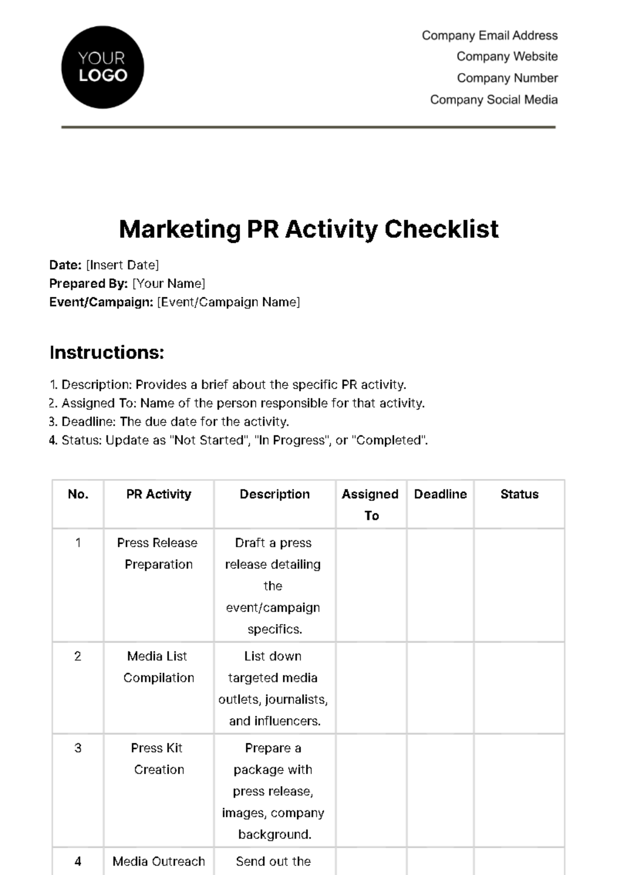 Free Marketing PR Activity Checklist Template