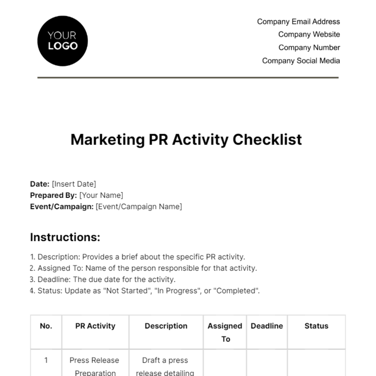 Marketing PR Activity Checklist Template