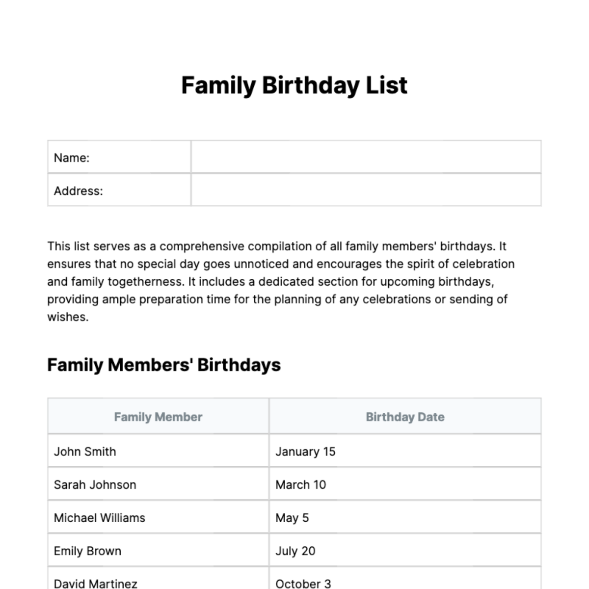 Family Birthday List Template