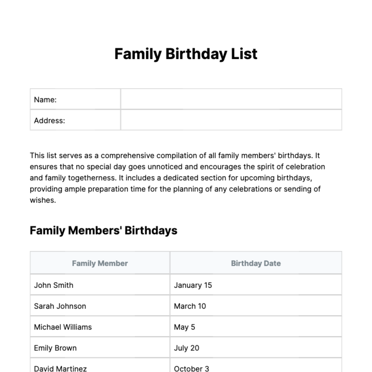 Family Birthday List Template - Edit Online & Download