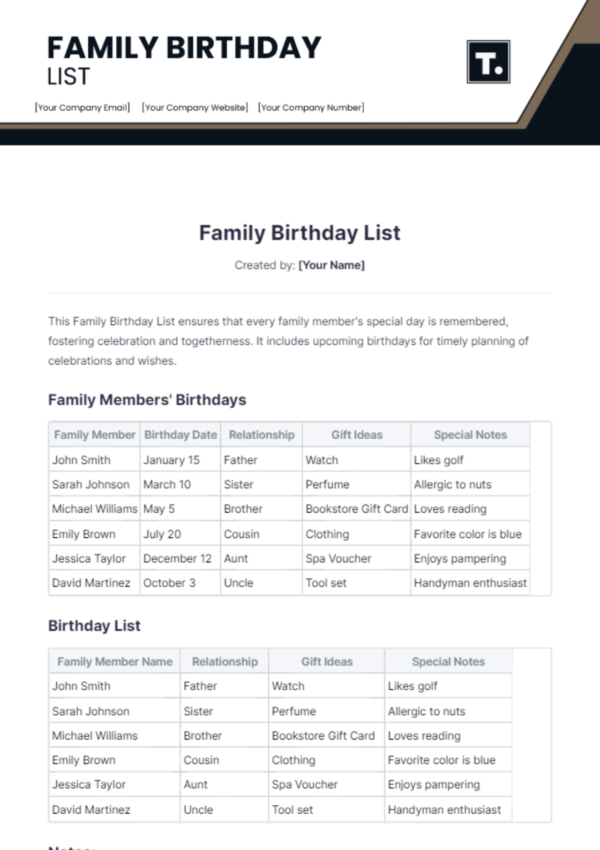 Family Birthday List Template