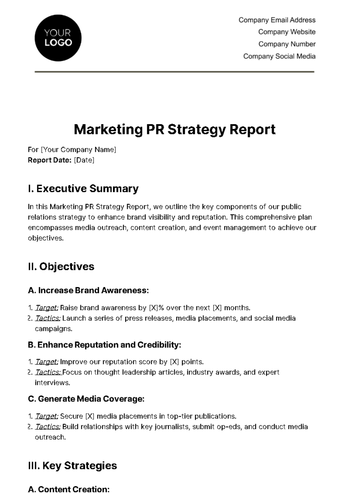 Free Marketing PR Strategy Report Template