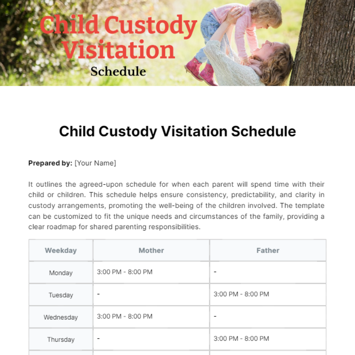 Child Custody Visitation Schedule Template