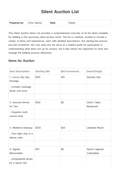 Free Silent Auction Items List Template to Edit Online