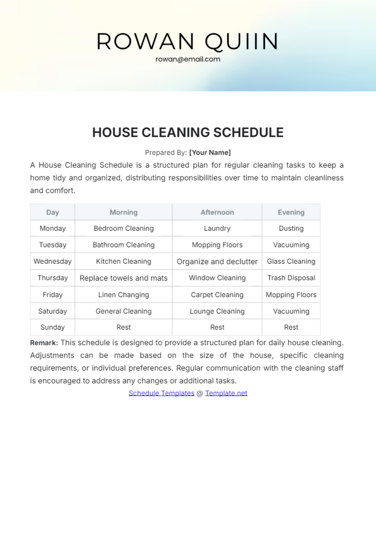 House Cleaning Schedule Template - Edit Online & Download