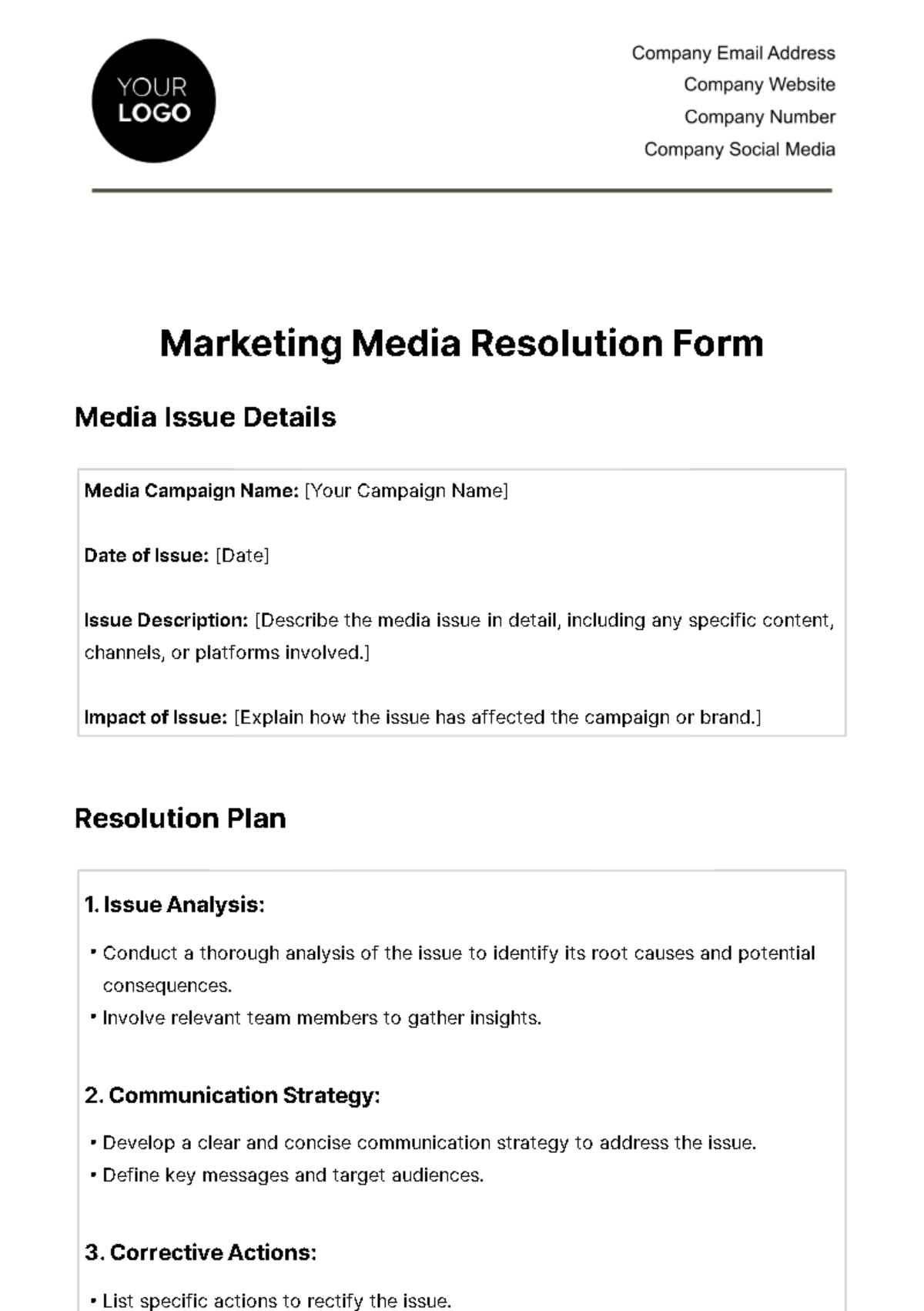 Marketing Media Resolution Form Template