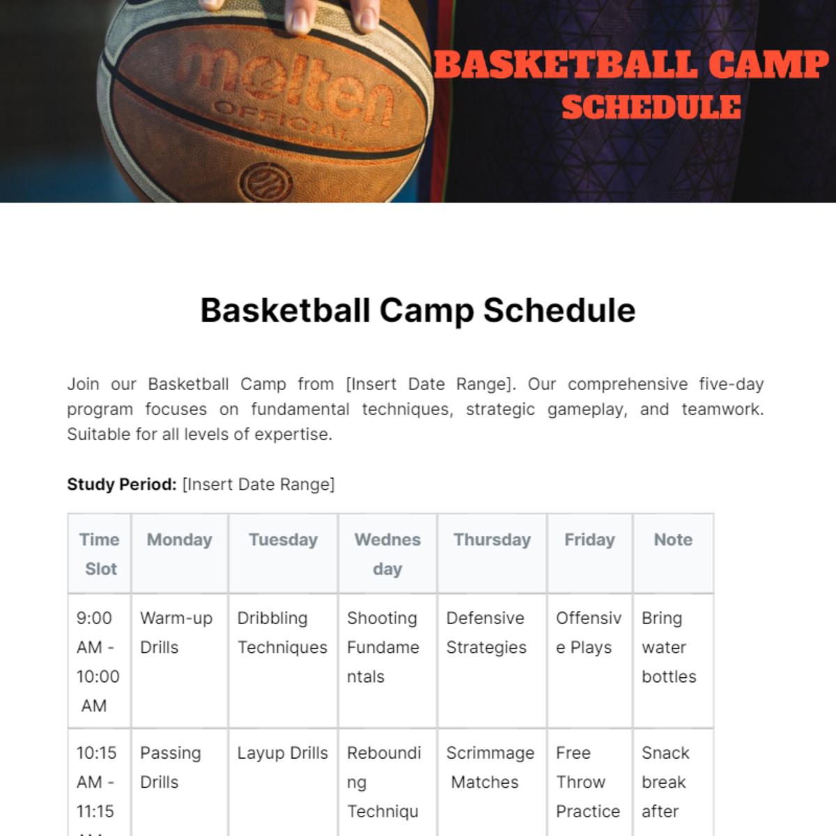 Basketball Camp Schedule Template