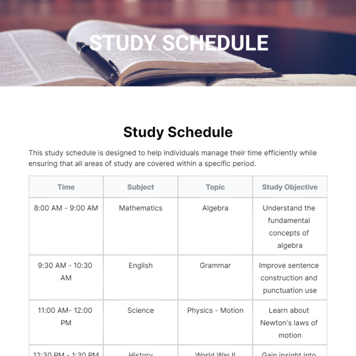 Study Schedule Template