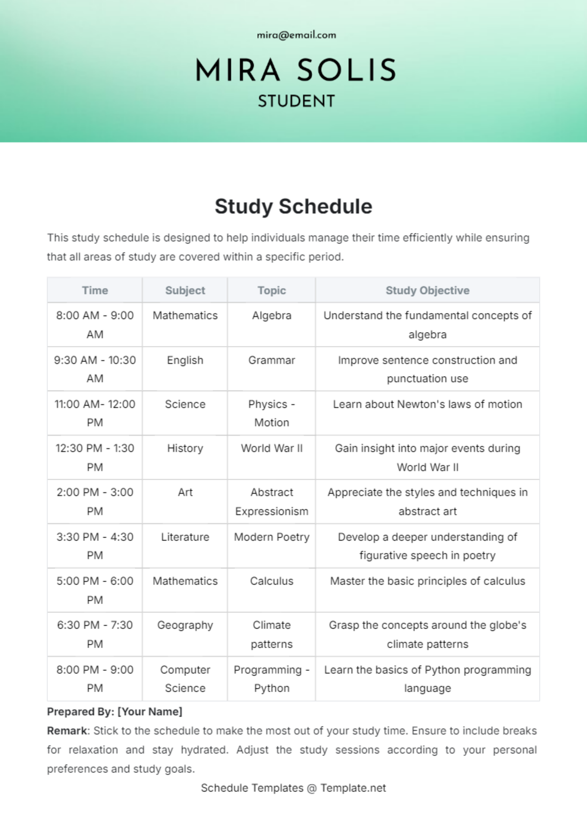 Study Schedule Template