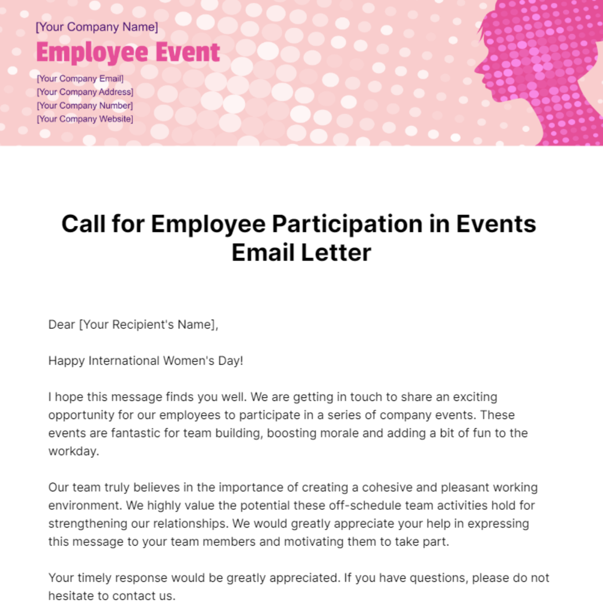 Call for Employee Participation in Events Email Letter Template