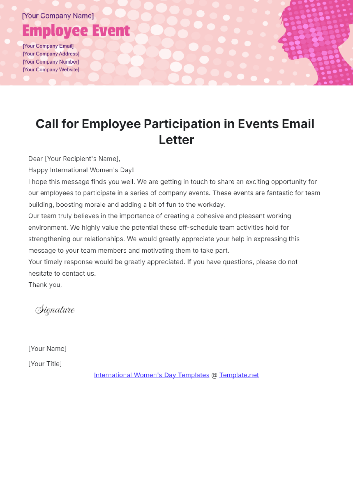 Call for Employee Participation in Events Email Letter Template - Edit Online & Download