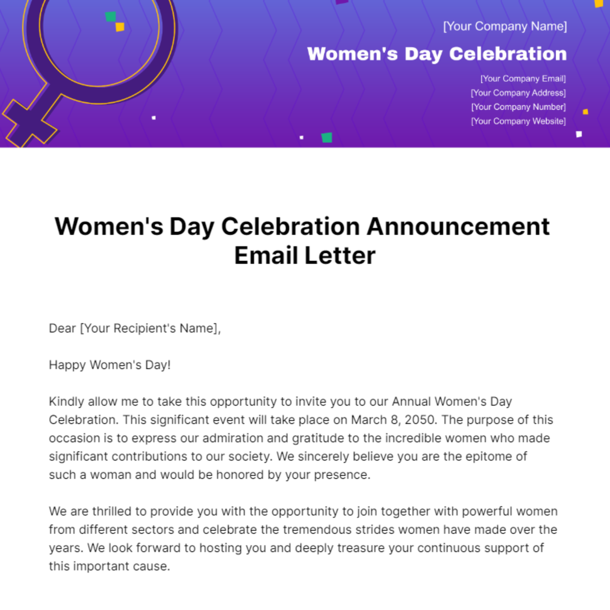 Women's Day Celebration Announcement Email Letter Template