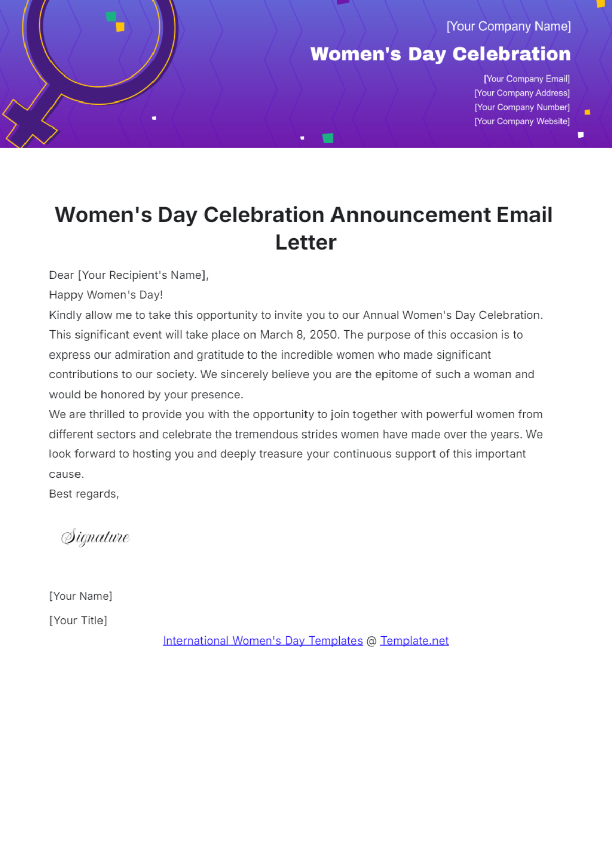 Women's Day Celebration Announcement Email Letter Template - Edit Online & Download