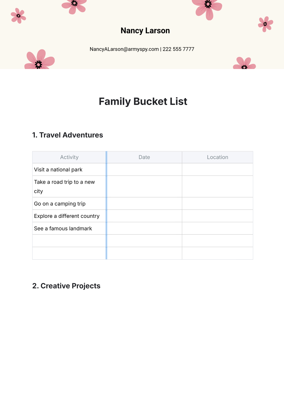 Free Family Bucket List Template