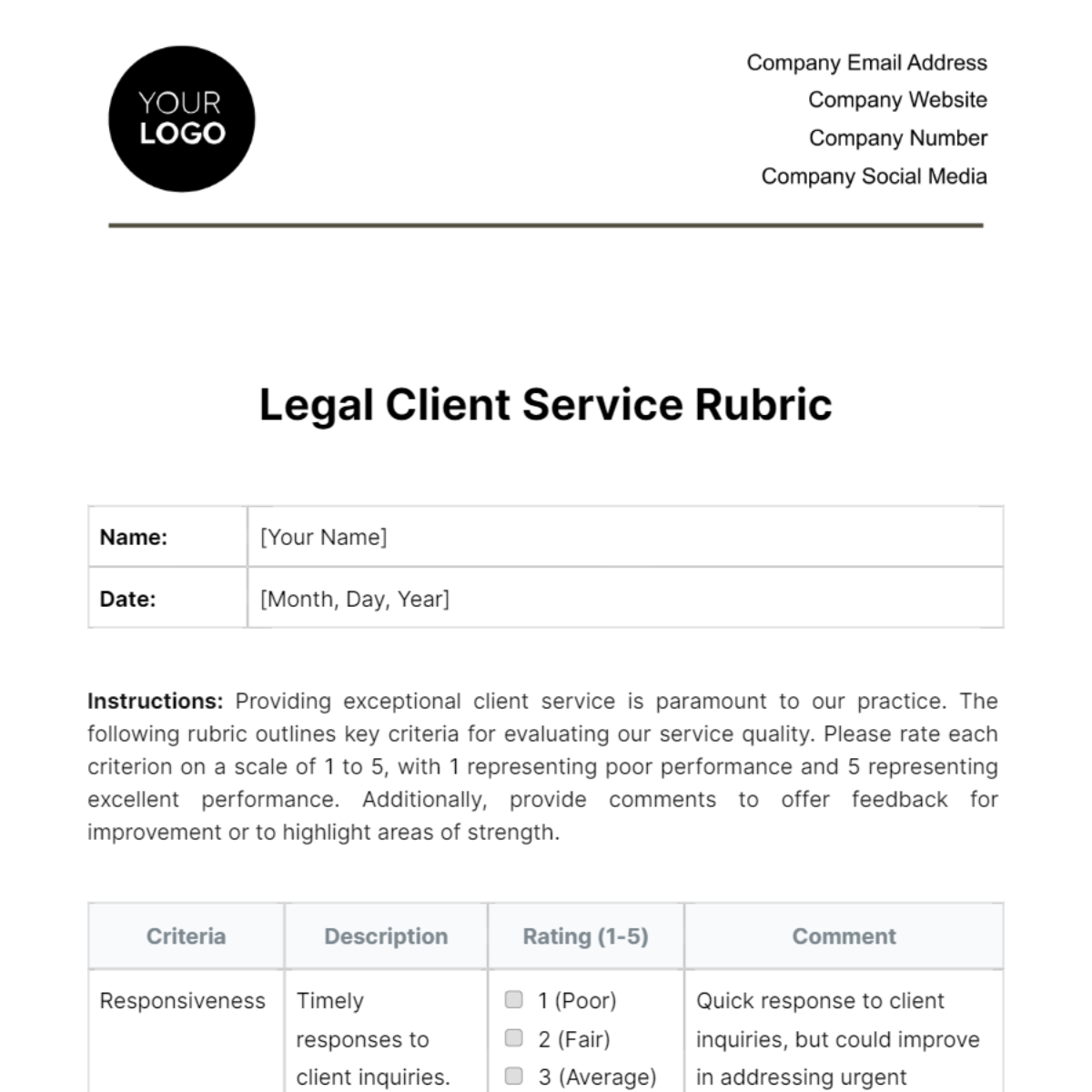 Legal Client Service Rubric Template
