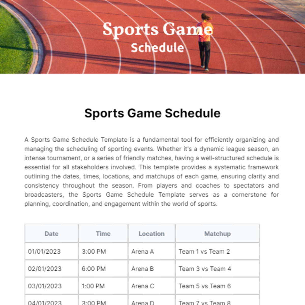 Sports Game Schedule Template