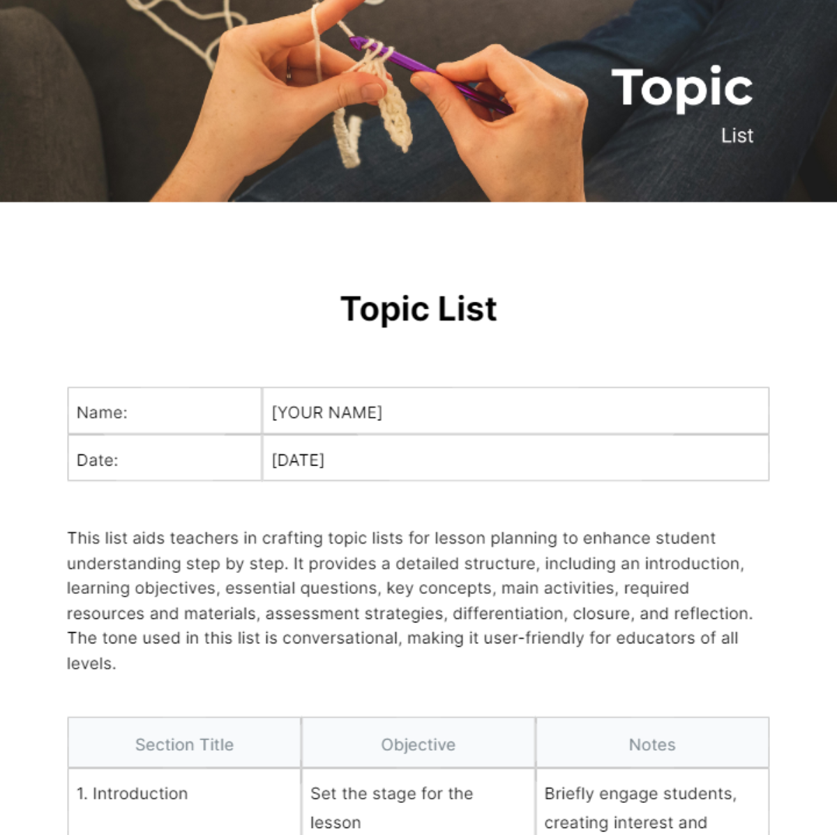 Topic List Template