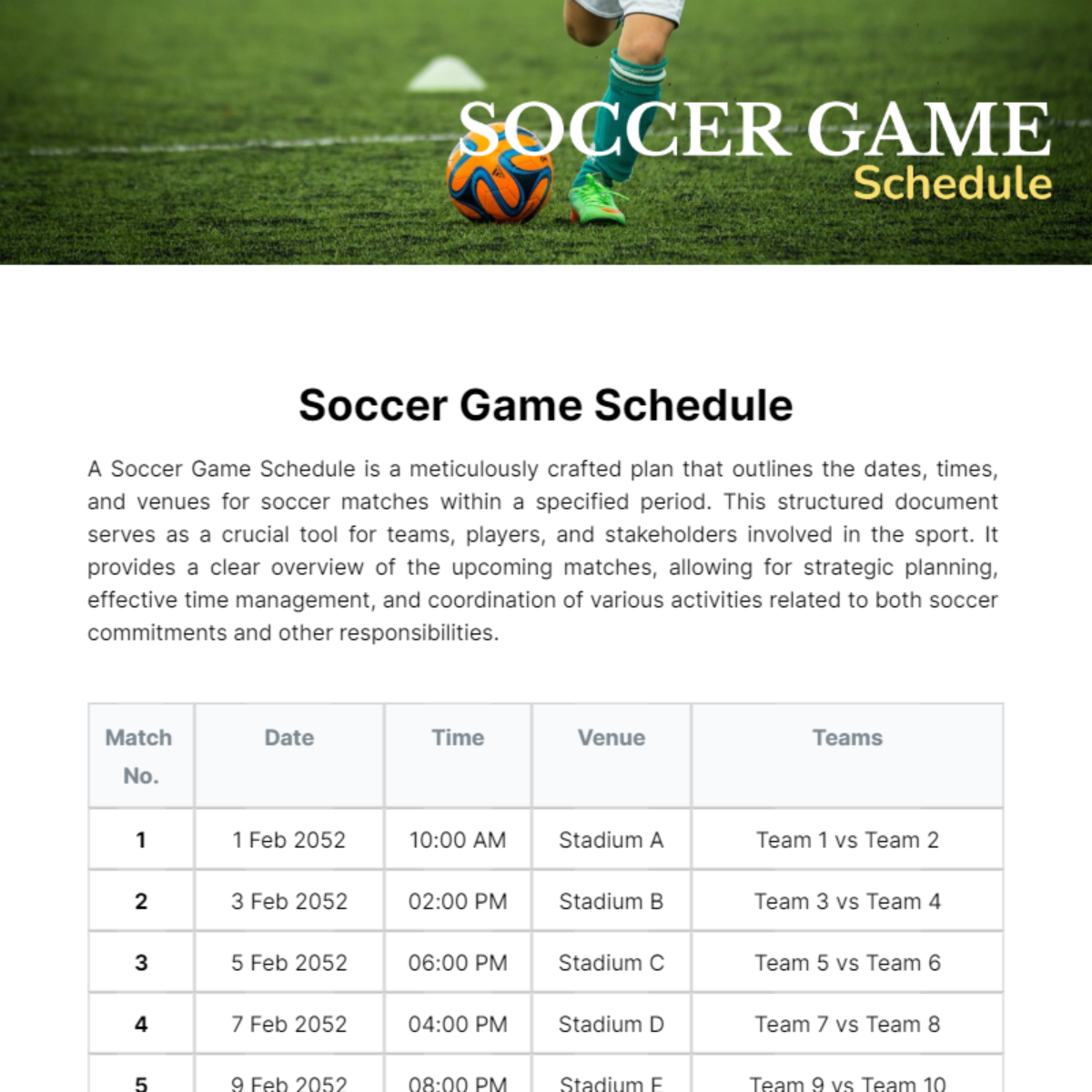 Soccer Game Schedule Template
