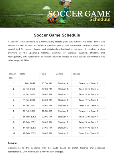 Free Soccer Game Schedule Template to Edit Online