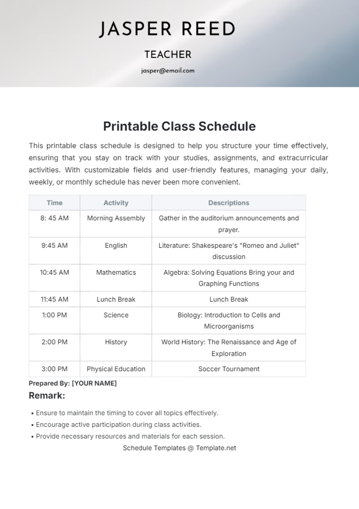 Printable Class Schedule Template