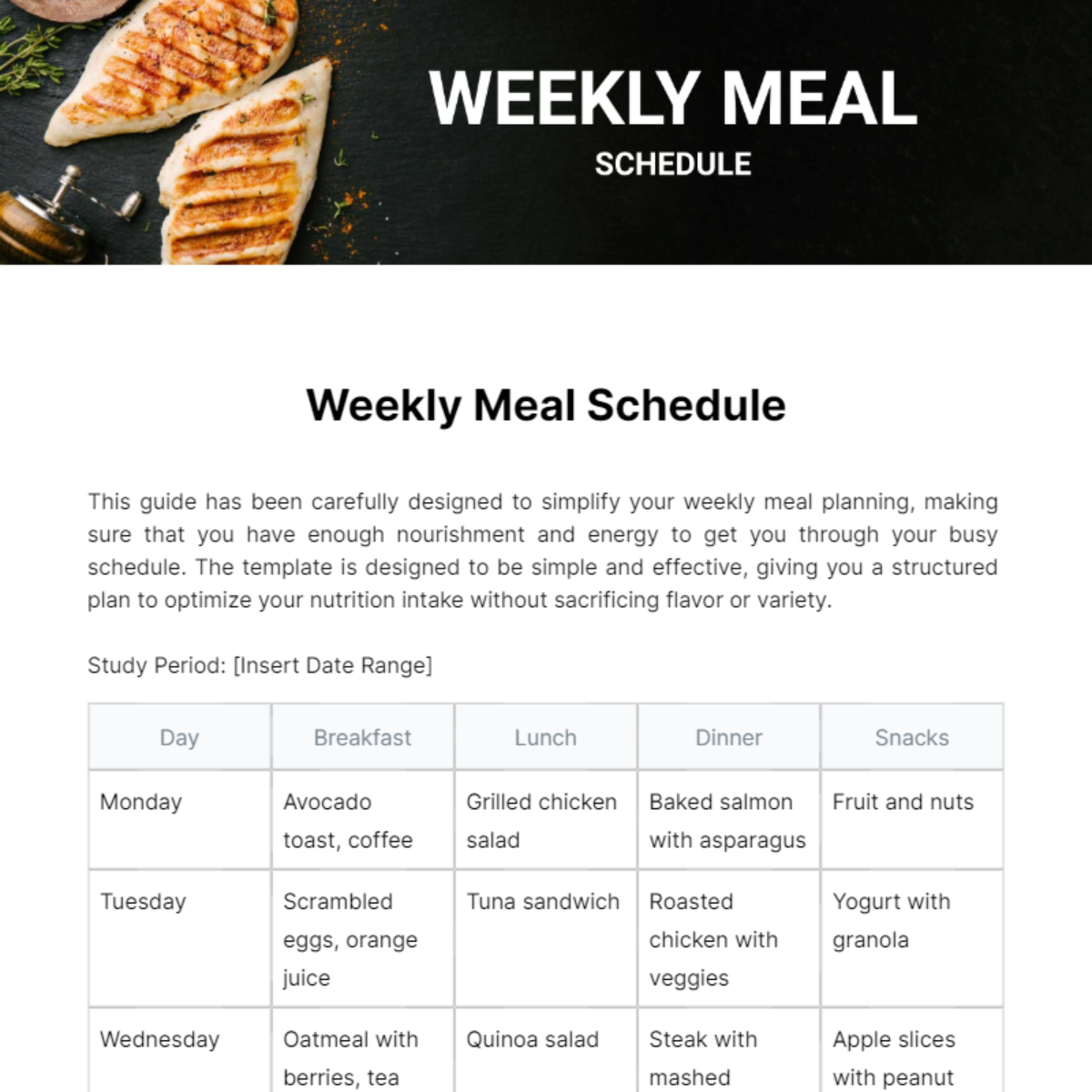 Weekly Meal Schedule Template