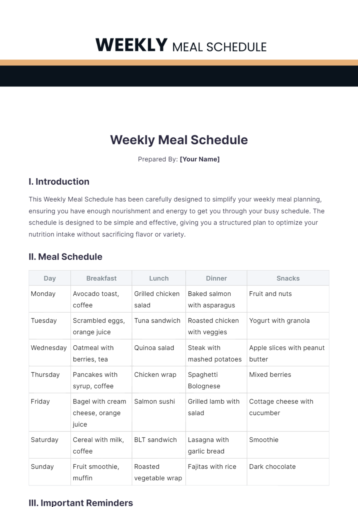 Weekly Meal Schedule Template - Edit Online & Download