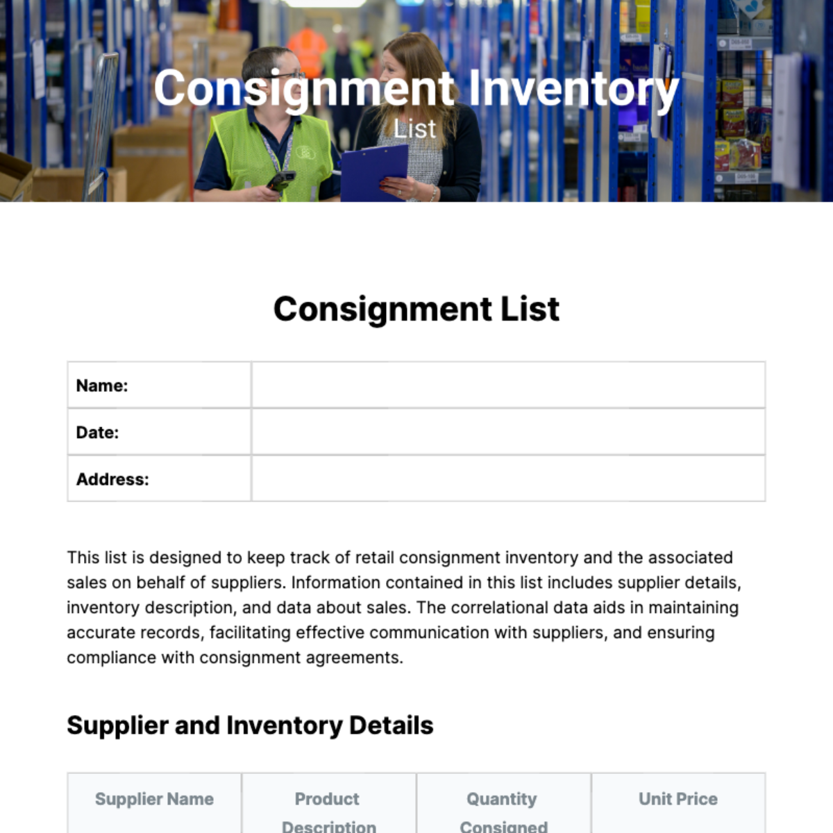 Consignment List Template