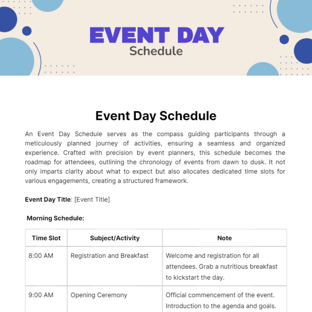 Event Day Schedule Template