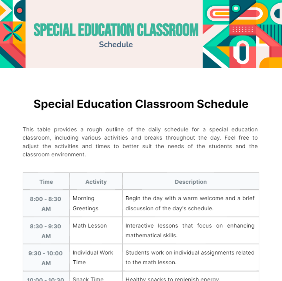 Special Education Classroom Schedule Template