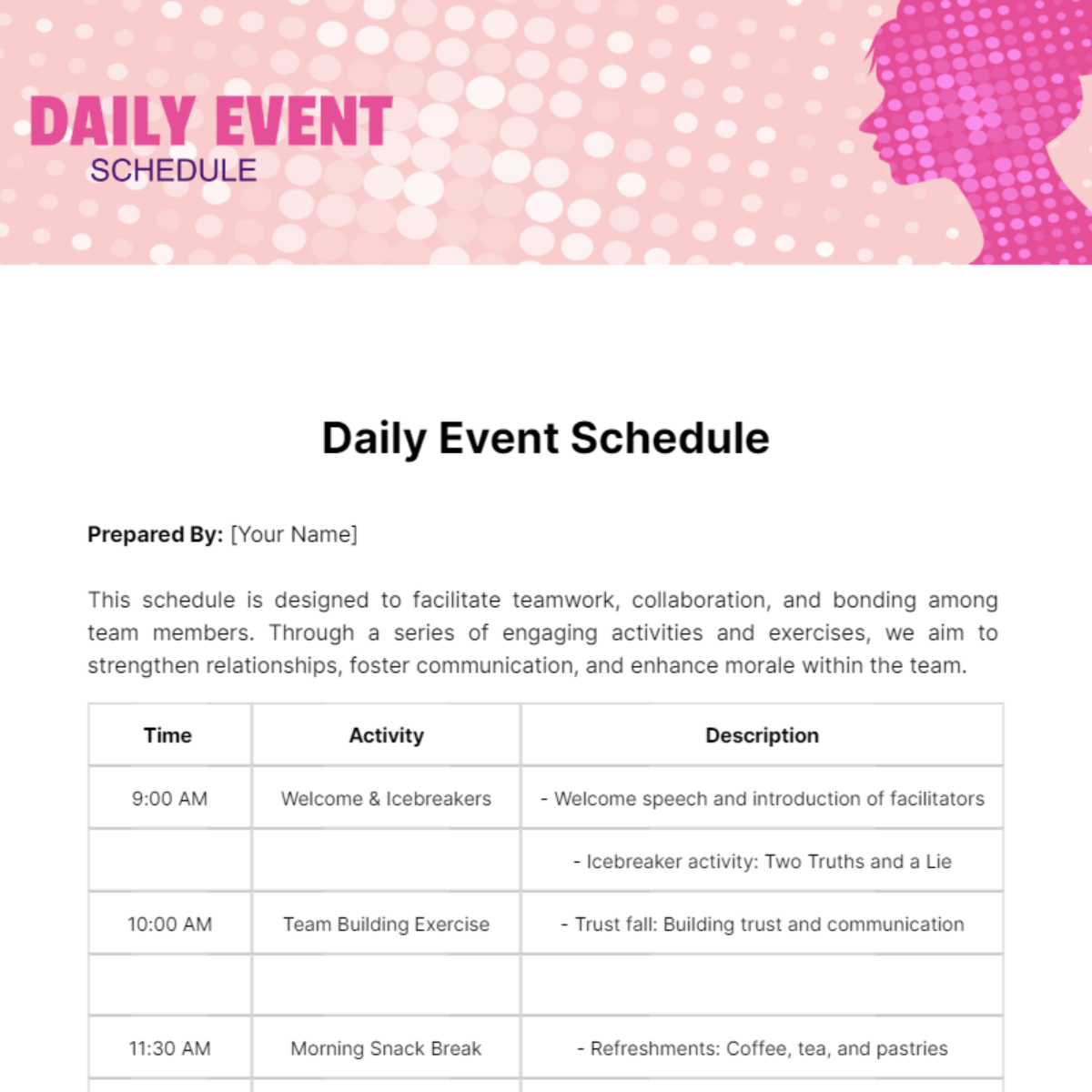 Daily Event Schedule Template