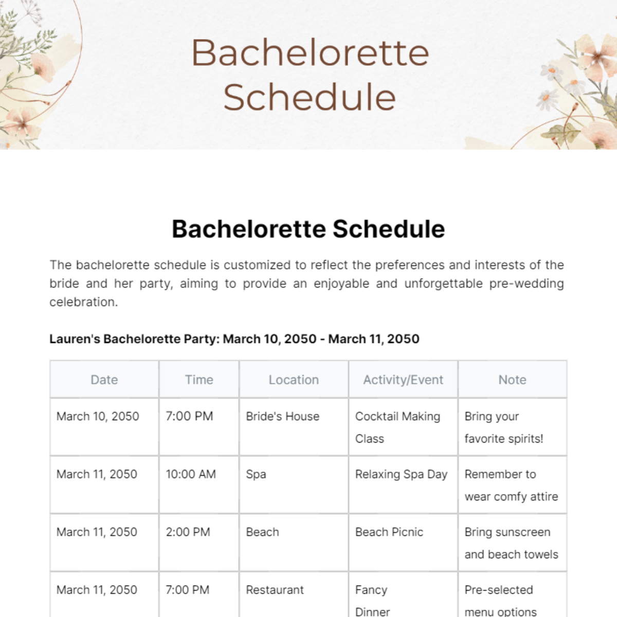 Bachelorette Schedule Template