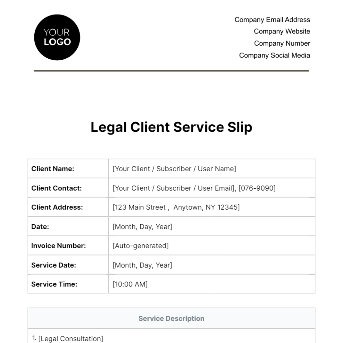 Legal Client Service Slip Template