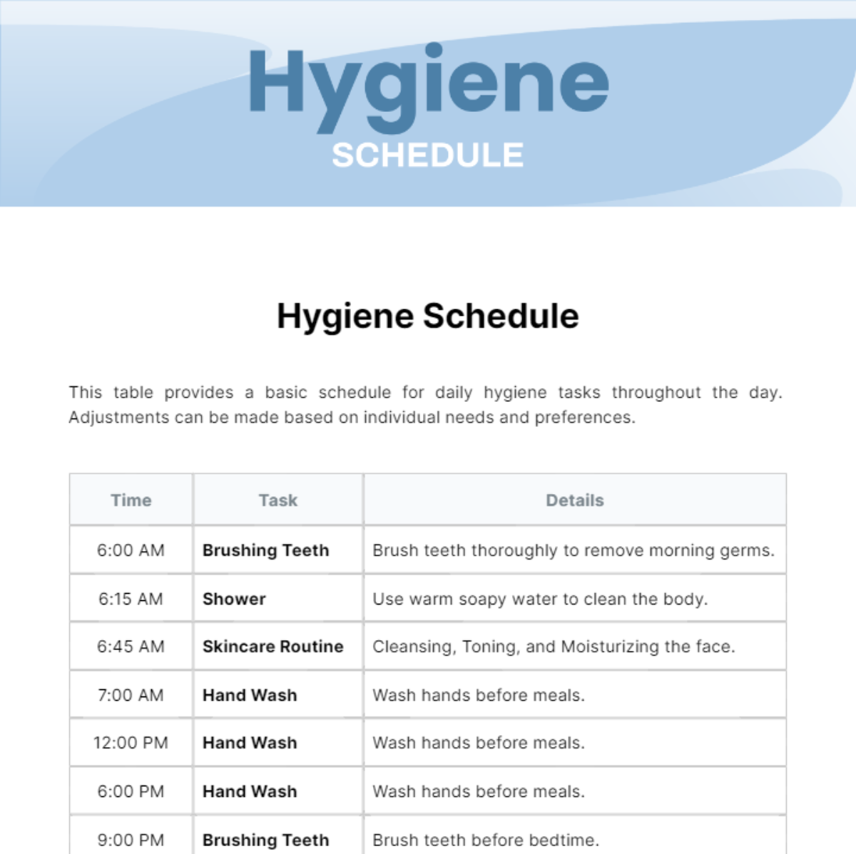 Hygiene Schedule Template