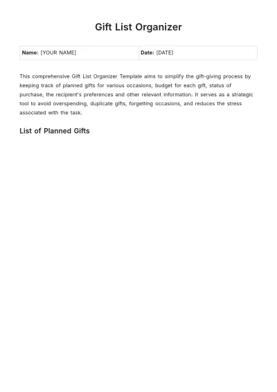 Free Gift List Organizer Template to Edit Online