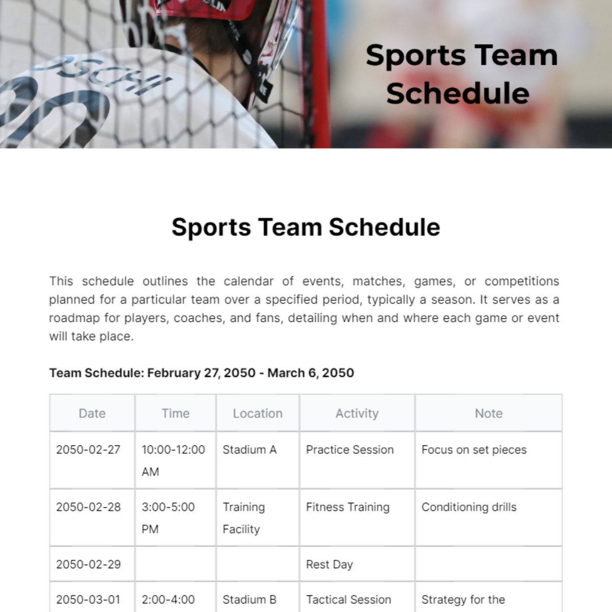 Sports Team Schedule Template
