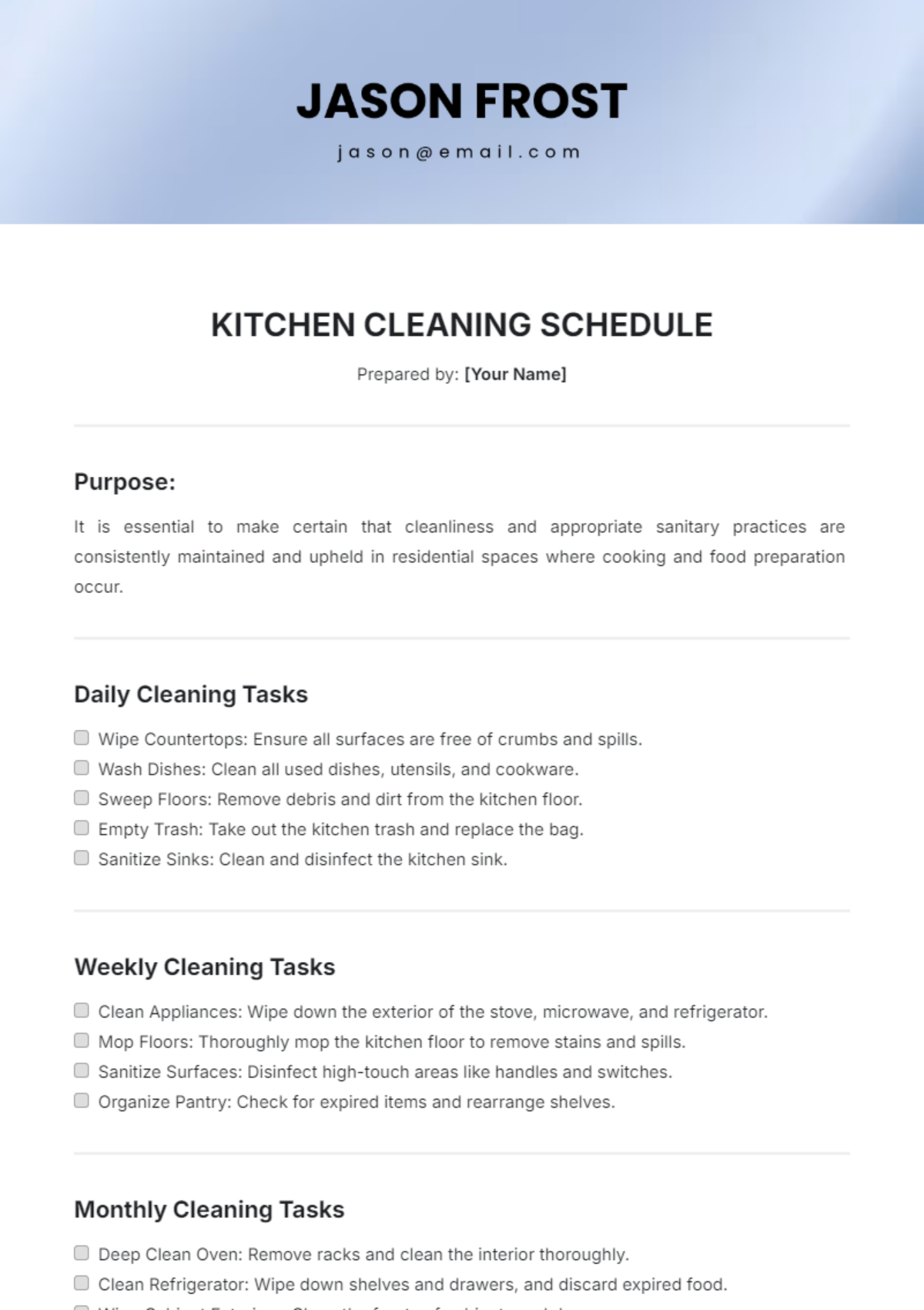 Kitchen Cleaning Schedule Template - Edit Online & Download