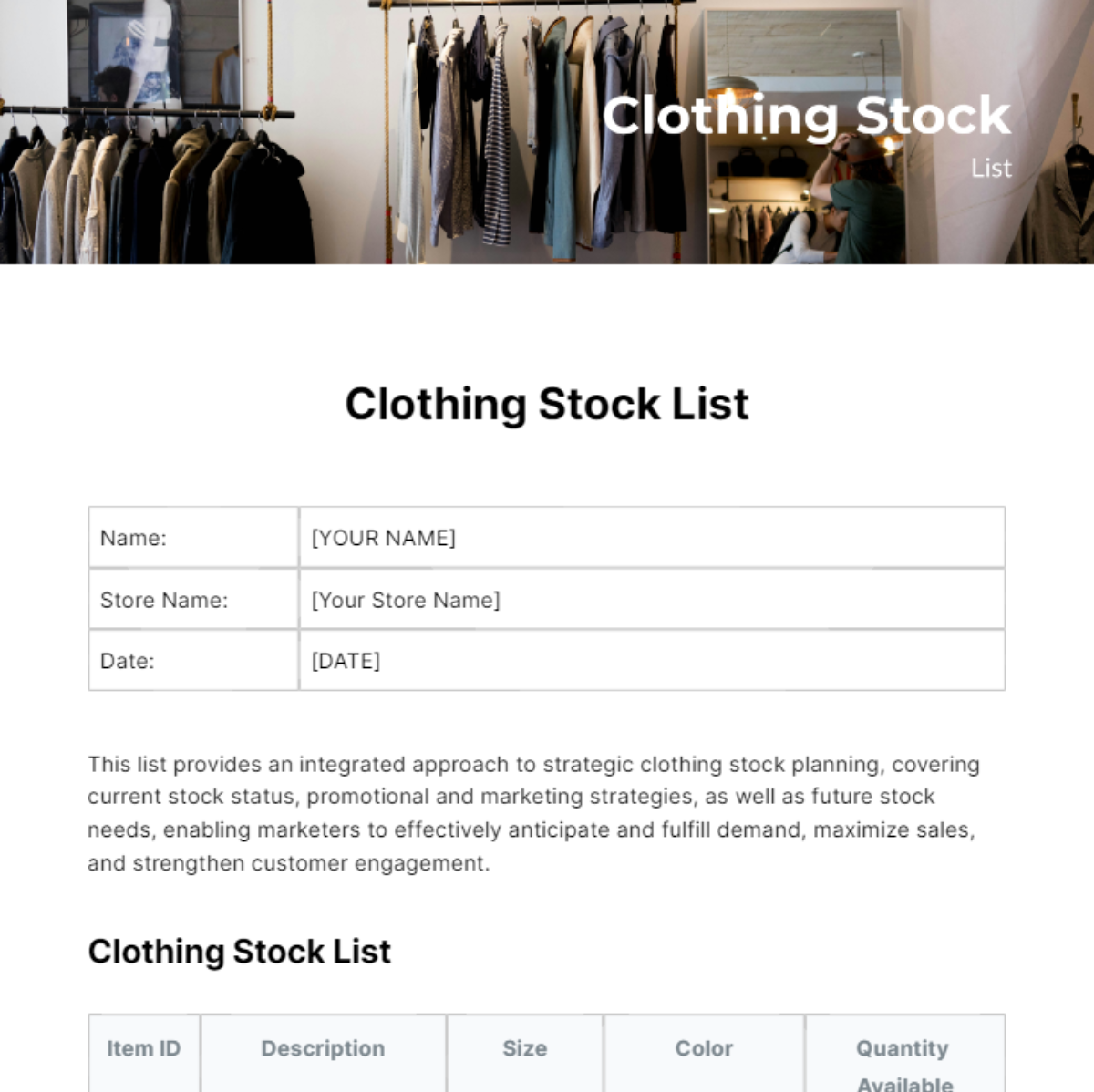 Clothing Stock List Template