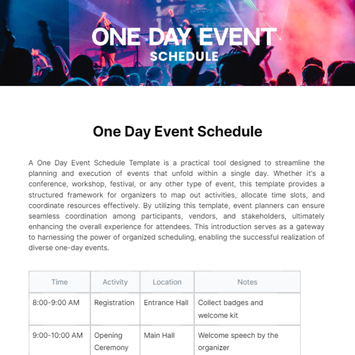 One Day Event Schedule Template